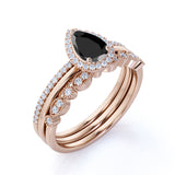 Bestselling 1.75 Carat Pear cut Trio Wedding Ring Set with Lab Black Diamond on Rose Gold for Her