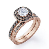 Cushion Double Halo 1.75 TCW Round Brilliant Cut Moissanite with Lab Created Black Diamond Bridal Set with Pave Accents in Black Gold