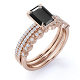Unique 1.75 Carat Emerald cut Lab Black Diamond Trio Wedding Ring Set in White Gold for Her