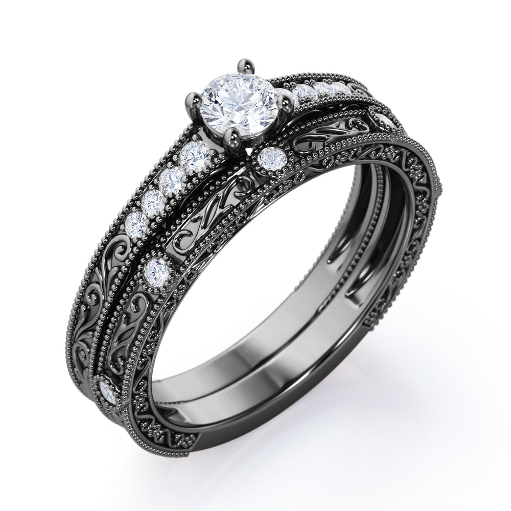 Vintage 1 carat Round Moissanite and Diamond Bridal Set For Her in White Gold