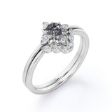 Sunburst Bezel Set 0.65 Carat Round Druzy Black Rutilated Quartz and Diamond Art Deco Dainty Wedding Set Rings