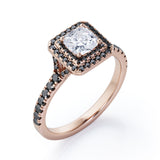 Double Halo Design - 1.45 TCW Princess Cut Moissanite with Lab Created Black Diamond - Engagement Ring with Pave Accents in Black Gold