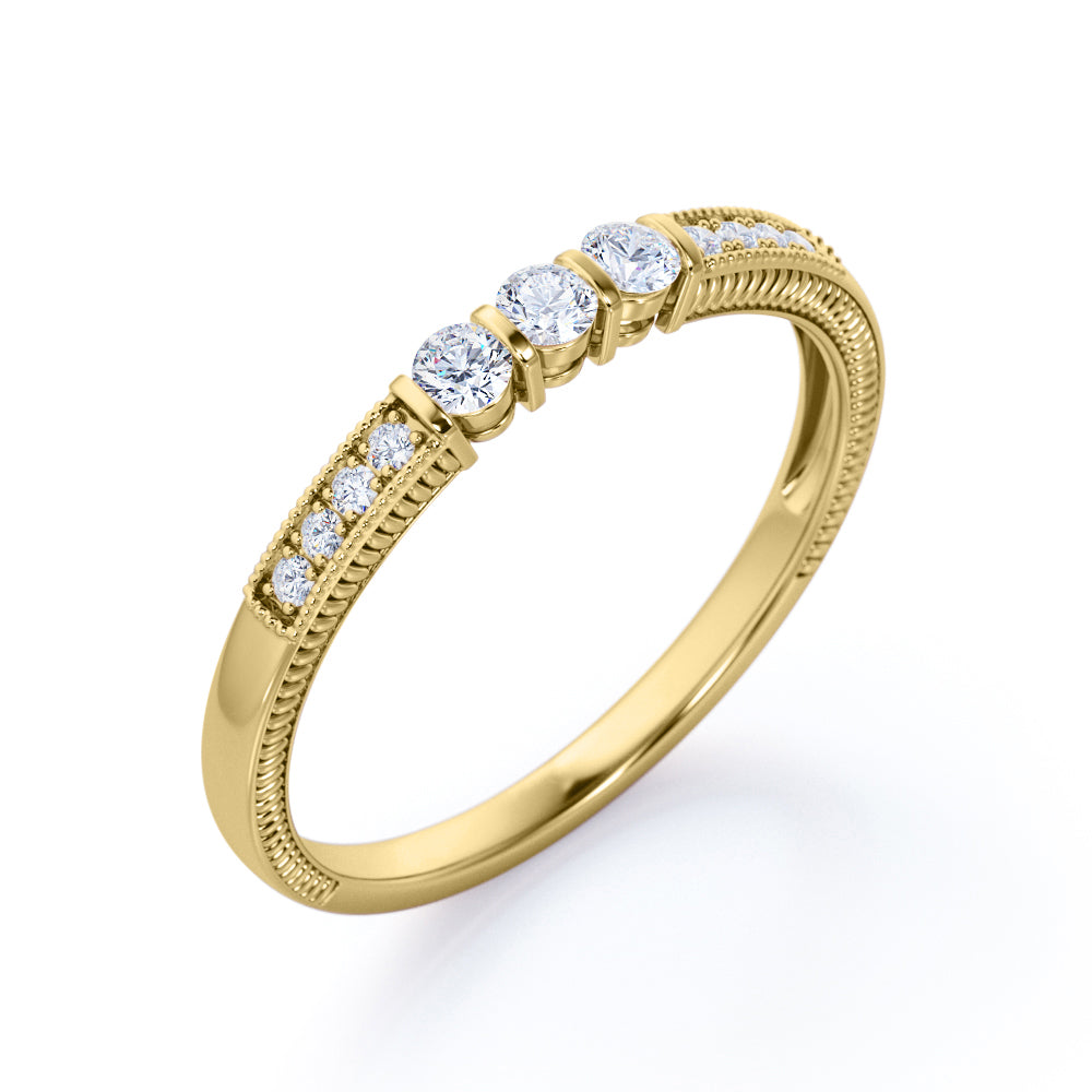 Artistic 1 Carat 3 Brilliant Round Cut Moissanite Bar Setting Engagement Ring in White Gold