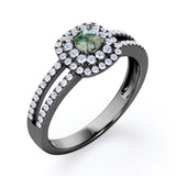 Double Halo 1.55 Carat Round Cut Green Moss Agate And Diamond Split Shank Engagement Ring In White Gold