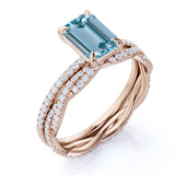 Pave 1.25 ct Emerald Cut Aquamarine Infinity Bridal Ring Set