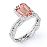 Limited Time Sale: 2 Carat Art Deco emerald cut Morganite and Diamond Halo Wedding Ring Set