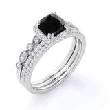 Affordable Antique Artdeco 2 Carat Cushion Cut Lab Black Diamond Halo Wedding Trio Ring Set in White Gold