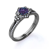 Tapered Floral Design 1.50 Carat Round Cut Lab Made Alexandrite and Diamond Cluster Pave Wedding Ring Sets for Her