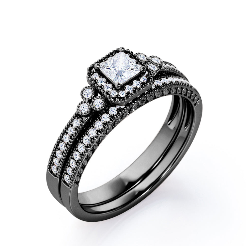 Milgrain Leaf Filigree 0.6 TCW Princess Cut Diamond 7-Stone Halo Cluster Bridal Ring Set in White Gold