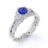 Antique Flower Design 2.25 Carat Round Cut Sapphire and Diamond Halo Wedding Set with Eternity Band in White Gold