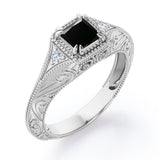 Vintage Eight Claws 1.10 Carat Princess Cut Black Diamond Three Stone Engagement Ring In White Gold