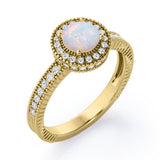 Decorative Halo 1 carat Round Opal and Diamond Milgrain Engagement Ring in White Gold