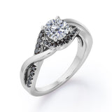 Tensioned Halo Set - 1.25 TCW Round Shaped Moissanite with Lab Created Black Diamond - Semi Pave Infinity Engagement Ring in White Gold