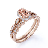 1.5 Carat Oval Cut Peach Morganite and Diamond Wedding Ring Set 10k Rose Gold Elegant Ring