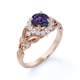 Antique Floral Milgrain 1.25 Carat Round Cut Created Alexandrite and Diamond Cluster Engagement Ring - Gifts for Her