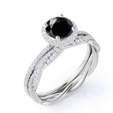 Antique Vintage 2 Carat Lab Black Diamond Halo Wedding Ring Set for Women in White Gold