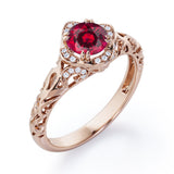 Modern Art Deco 1.10 Carat Round Cut  Lab Ruby And Diamond Cushion Framed Halo Engagement Ring In White Gold
