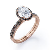 Halo Cluster 1.7 TCW Ovate Moissanite with Lab Created Black Diamond Wedding Set with Pave Accents in Rose Gold