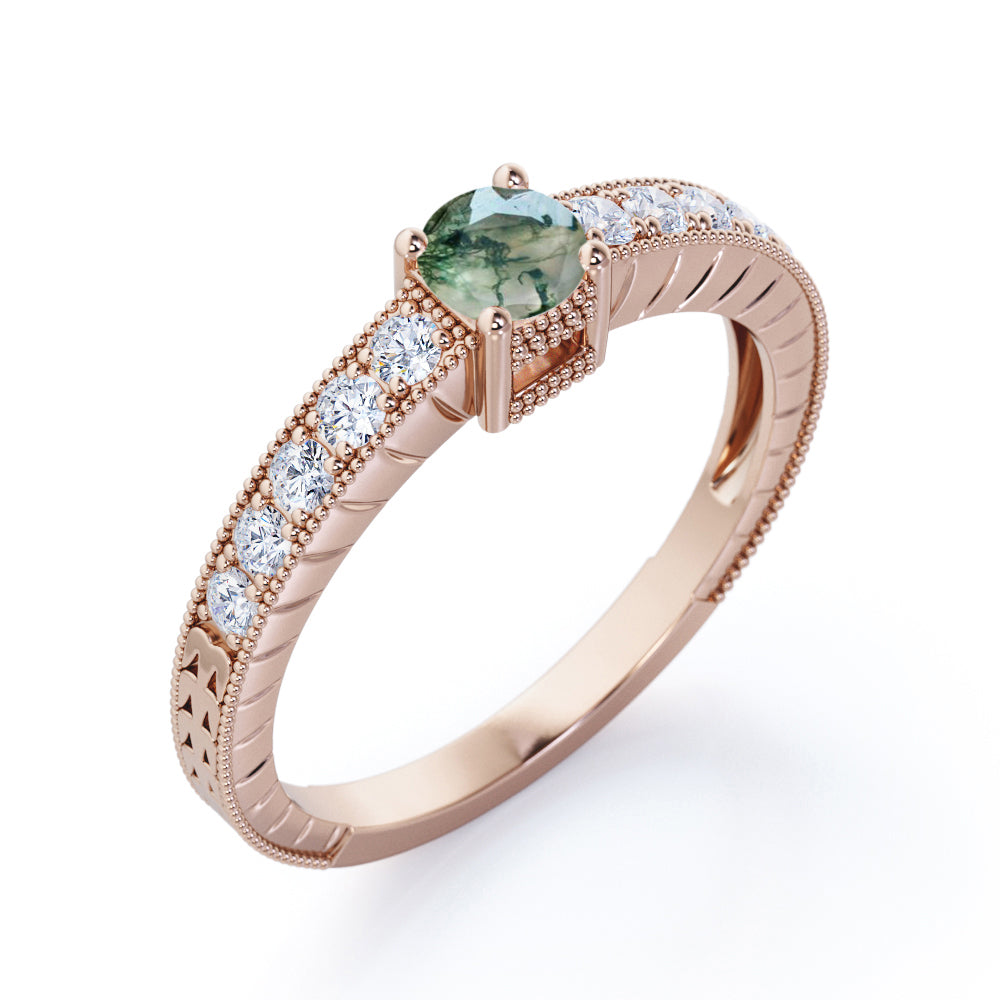 Bead Décor Basket Setting 0.6 carat Moss Agate and Moissanite Engagement Ring in white Gold