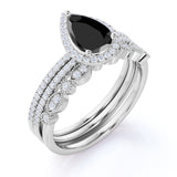 2 ct Pear Lab Black Diamond Antique Trio Wedding Ring Set