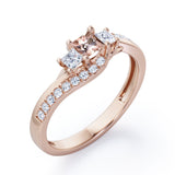 Trellis Three Stones 1 carat Princess Morganite and Moissanites Braided Engagement Ring in Rose Gold