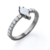 Geometric 1.25 carat Kite Shaped Precious Fire Opal And Diamond Six Prong Half Eternity Engagement Ring In Black Gold