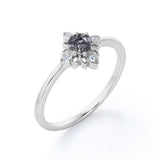 Dainty Solitaire 0.60 Carat Round Cut Druzy Black Rutilated Quartz and Diamond Flower Bezel Promise Ring - Engagement Ring