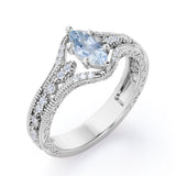 Beaded Framed 1.25 Carat Marquise Cut Aquamarine And Diamond Vintage Filigree Engagement Ring In White Gold