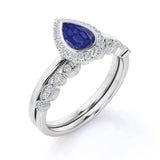 Affordable 1.45 Carat Pear cut Lab-Created Sapphire and Diamond Antique Wedding Ring Set in White Gold