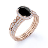 Unique 2 Carat Oval cut Lab Black Diamond Trio Wedding Ring Set in Rose Gold for Her