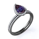 Intricate Traditional Halo 1.75 Carat Pear Cut Lab Grown Alexandrite and Diamond Half Eternity Pave Bridal Set Rings