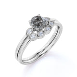 Art Deco 1 Carat Round Cut Natural Salt and Pepper Diamond Vintage Floral Wedding Ring Set in 18k White Gold over Silver