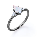 Unique Four Prong 1.30 Carat Kite Shaped Precious Fire Opal And Diamond Seven Stone Engagement Ring In Black Gold
