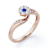 Floral Cloud Clustered 0.55 carat Round Blue Sapphire and Moissanite Distorted Engagement Ring in White Gold