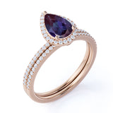 Intricate Traditional Halo 1.75 Carat Pear Cut Lab Grown Alexandrite and Diamond Half Eternity Pave Bridal Set Rings