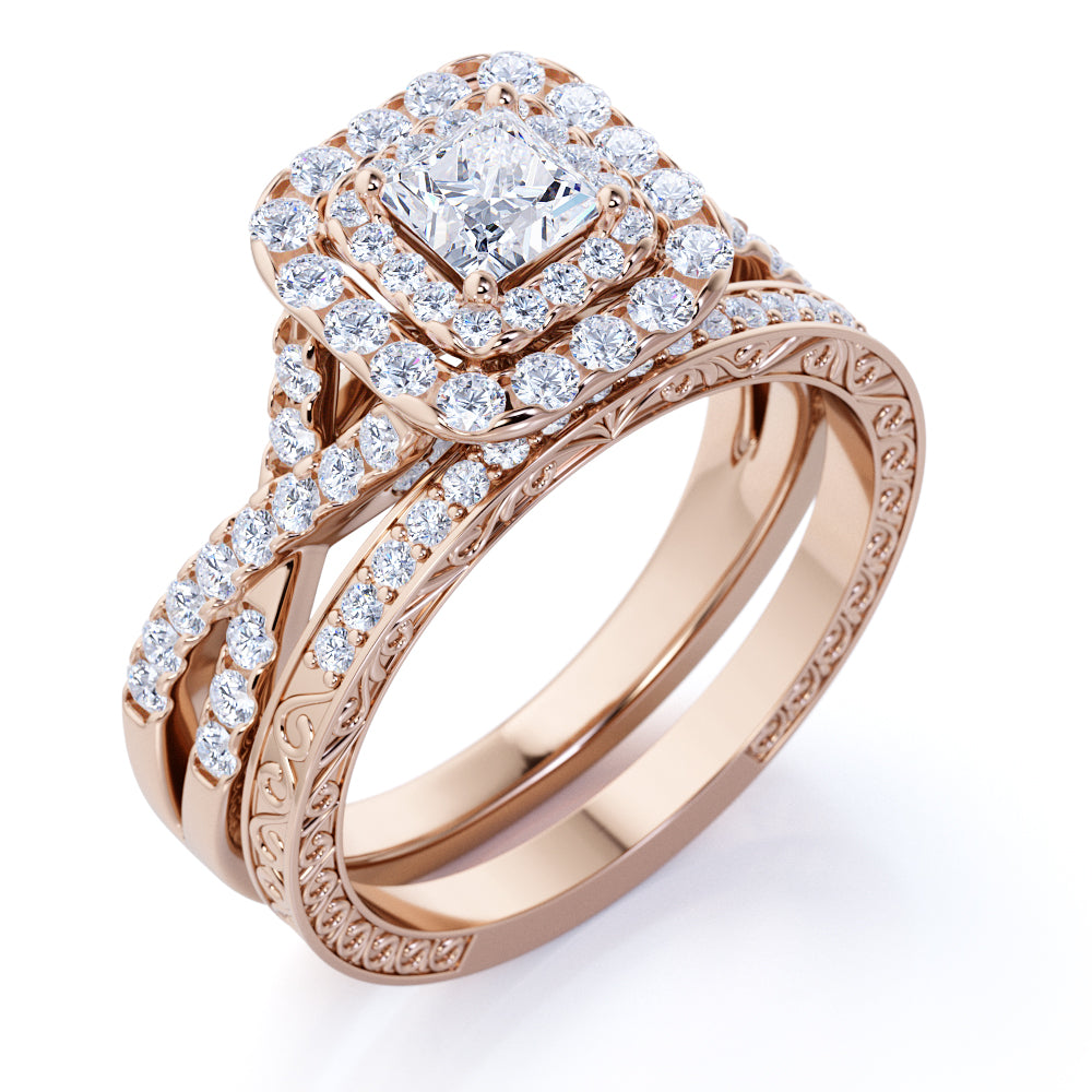 1.25 ct - Square Moissanite - Double Halo - Twisted Band - Vintage Inspired - Pave - Wedding Ring Set in 18K Rose Gold over Silver
