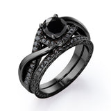 Filigree Tension-Halo 1.5 TCW Round Shape Lab Created Black Diamond Twisted Half Pave Wedding Set in White Gold