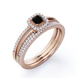 Unique 1.50 Carat Lab Black Diamond Halo Wedding Ring Set for Her in Rose Gold