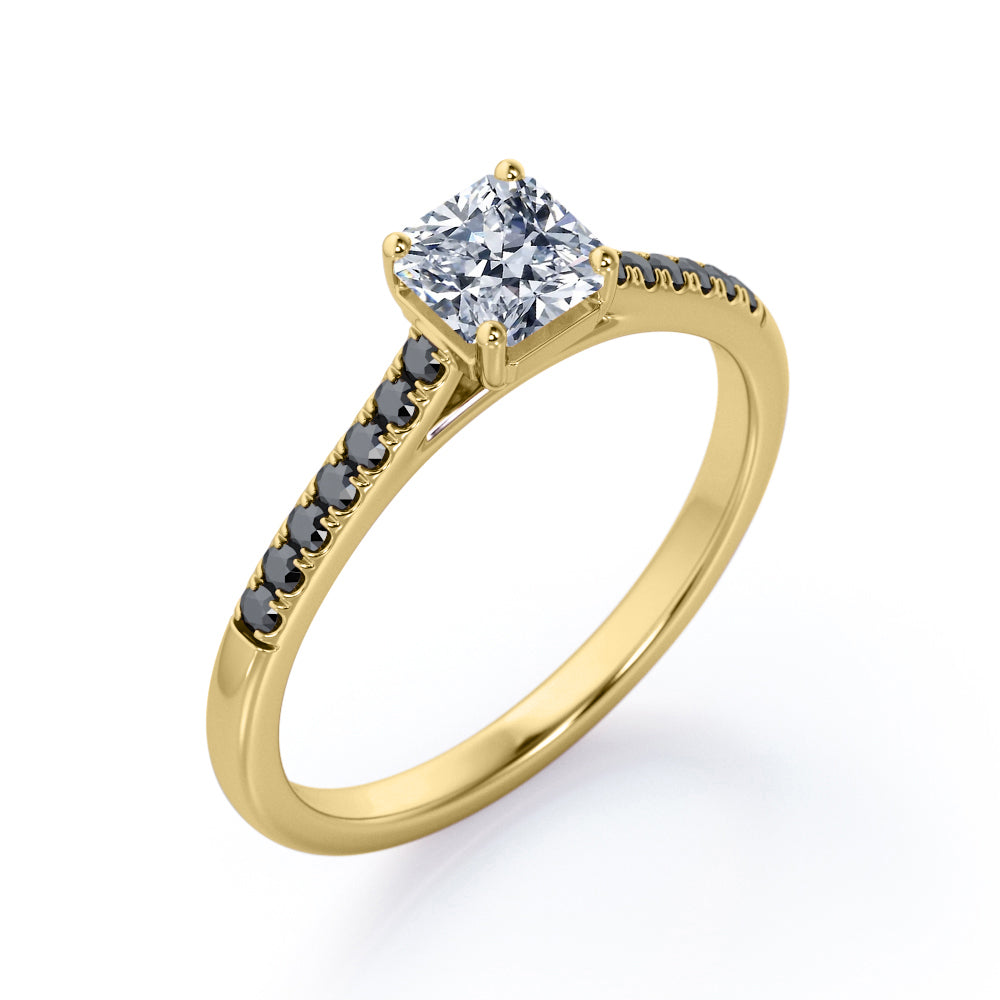 Four Prong Set - 1.25 TCW Princess Cut Moissanite with Lab Created Black Diamond - Scalloped Pave Engagement Ring in White Gold