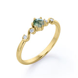 Gorgeous Scroll 0.5 carat Round Moss agate and Moissanite Engagement Ring in White Gold