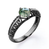 Beaded Art Deco 1 Carat Round Cut Green Moss Agate Solitaire Engagement Ring In White Gold