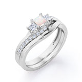 3 Stone Shared Prong - 1 TCW Princess Cut Opal and Moissanite - Pave Curved Shank Wedding Set - White Gold