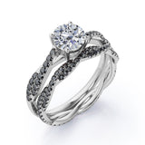 Double Twisted Eternity - 1.75 TCW Round Cut Moissanite with Lab Created Black Diamond - Basket Cathedral Bridal Ring Set in White Gold
