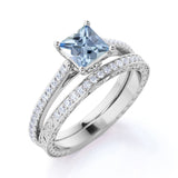 Perfect 1.50 Carat princess cut Aquamarine and Diamond Wedding Ring Set in White Gold