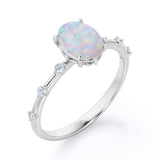 Sharp Four Claws 1.10 Carat Oval Cut Fire Opal And Diamond Seven Stone Engagement Ring In White Gold