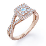 Pave Crossover - 1.25 Carat Round Cut Moonstone and diamond - Flush Cluster Halo Engagement Ring in White Gold