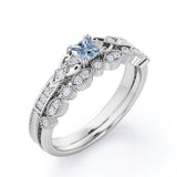 1.15 Carat Princess Cut Aquamarine And Diamond Vintage Milgrain Wedding Ring Set In White Gold