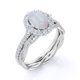 Snowflake 1.75 Carat Oval Shape Fire Opal and Diamond Bridal Ring Set with Crown Band in Rose Gold