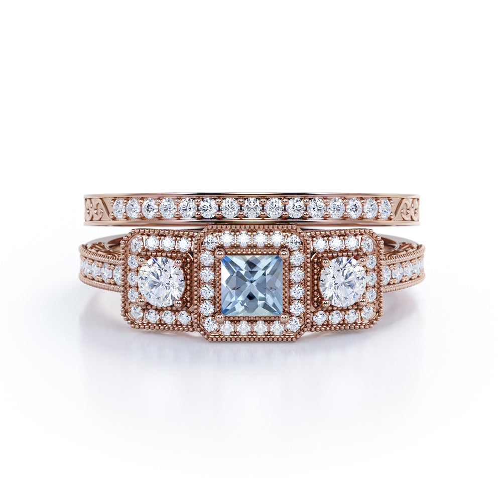 1.65 Carat Princess Cut Aquamarine And Diamond Halo Wedding Ring Set In White Gold