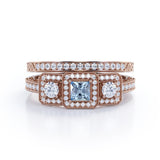 1.65 Carat Princess Cut Aquamarine And Diamond Halo Wedding Ring Set In White Gold